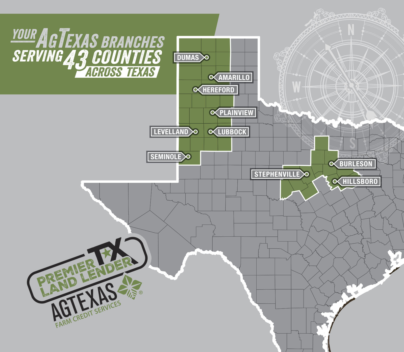 Map showing our 10 AgTexas branch offices that serve 43 counties across Texas. On the map, these cities are highlighted; Dumas, Amarillo, Hereford, Plainview, Levelland, Lubbock, Seminole, Stephenville, Burleson, and Hillsboro