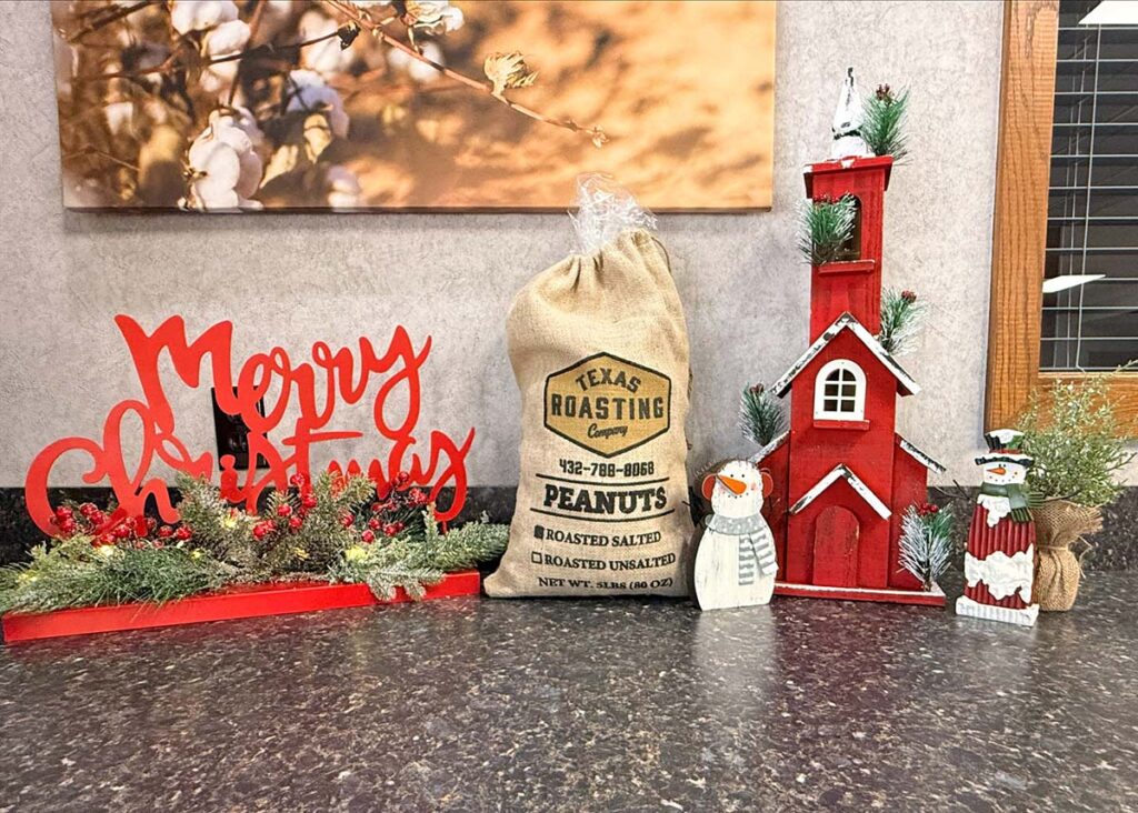 Burlap bag of peanuts sitting next to a Merry Christmas sign and painted holiday birdhouse.