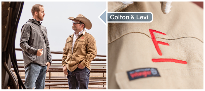 Colton Long (AgTexas lender) standing next to Levi Berry in front of a cow pen