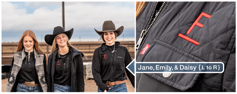 Three Berry daughters. Left to right: Jane, Emily, and Daisy. All wearing black shirts and blue jeans. Emily and Daisy wearing their cowboy hats