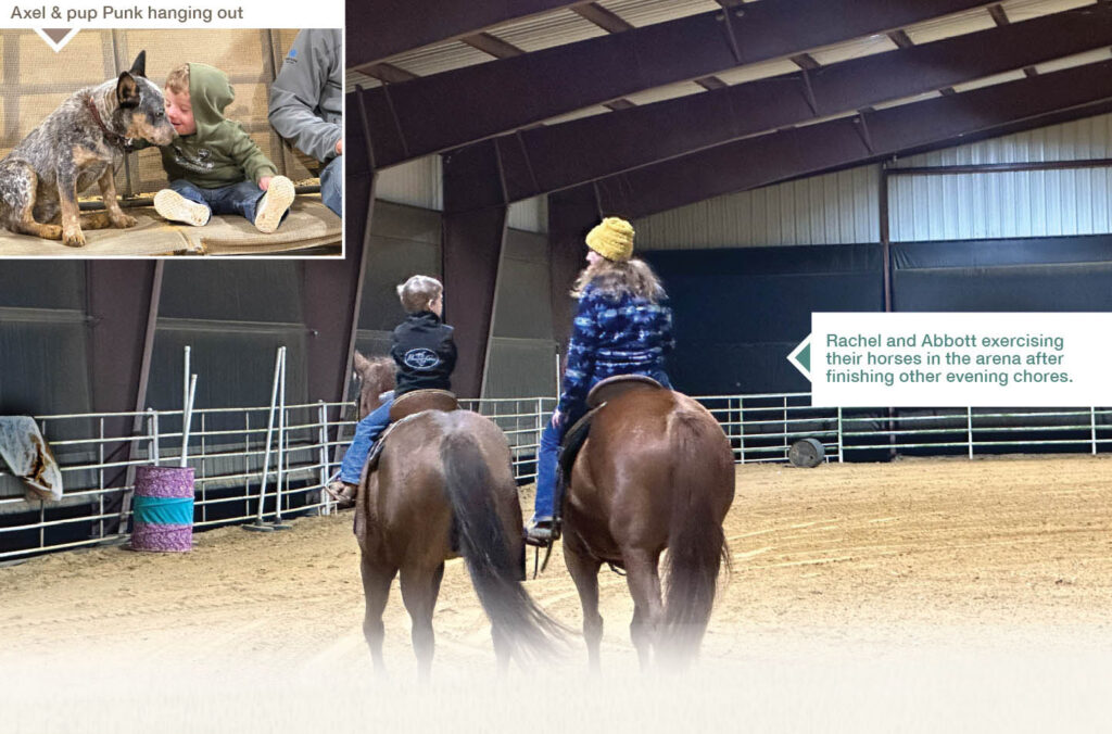 Rachel and her son Abbott exercising their horses in the arena