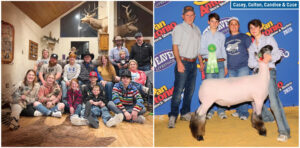 Underwood family picture next to a picture of his family showing a prized lamb at a stock show.